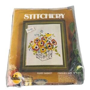 VTG 70s MCM Poppy Basket Crewel Kit by Valiant Stitchery 16" x 20" Finished Size